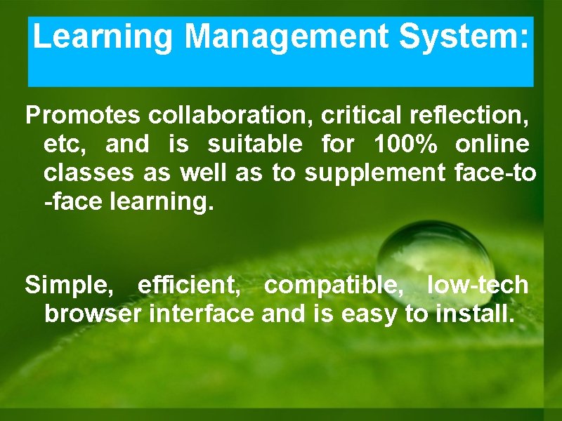 Learning Management System: Promotes collaboration, critical reflection, etc, and is suitable for 100% online Learning Management System: Promotes collaboration, critical reflection, etc, and is suitable for 100% online