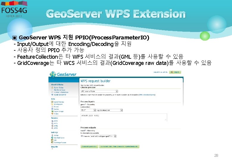 Geo. Server WPS Extension ▣ Geo. Server WPS 지원 PPIO(Process. Parameter. IO) - Input/Output에