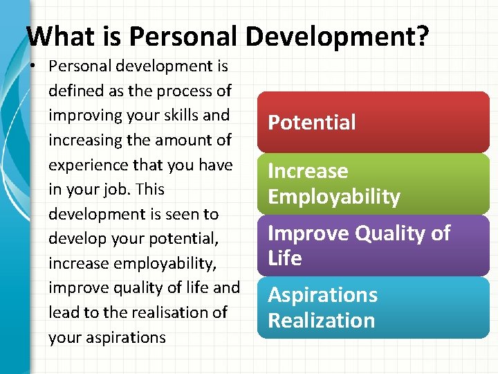 What is Personal Development? • Personal development is defined as the process of improving