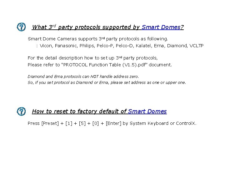 What 3 rd party protocols supported by Smart Domes? Smart Dome Cameras supports 3