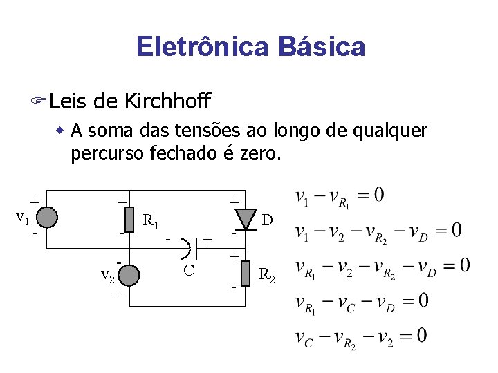 Eletrônica Básica FLeis de Kirchhoff w A soma das tensões ao longo de qualquer