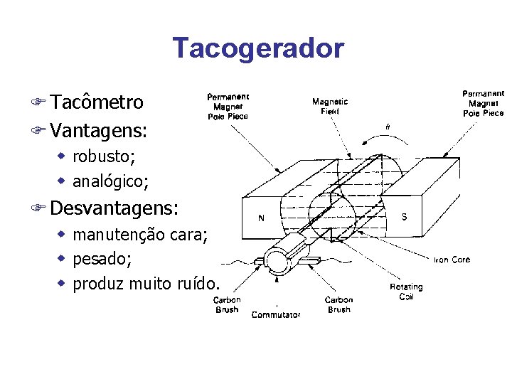 Tacogerador F Tacômetro F Vantagens: w robusto; w analógico; F Desvantagens: w manutenção cara;