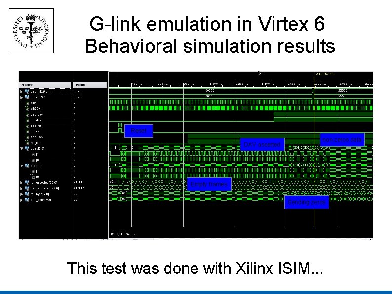 G-link emulation in Virtex 6 Behavioral simulation results Reset DAV asserted non zeros data G-link emulation in Virtex 6 Behavioral simulation results Reset DAV asserted non zeros data
