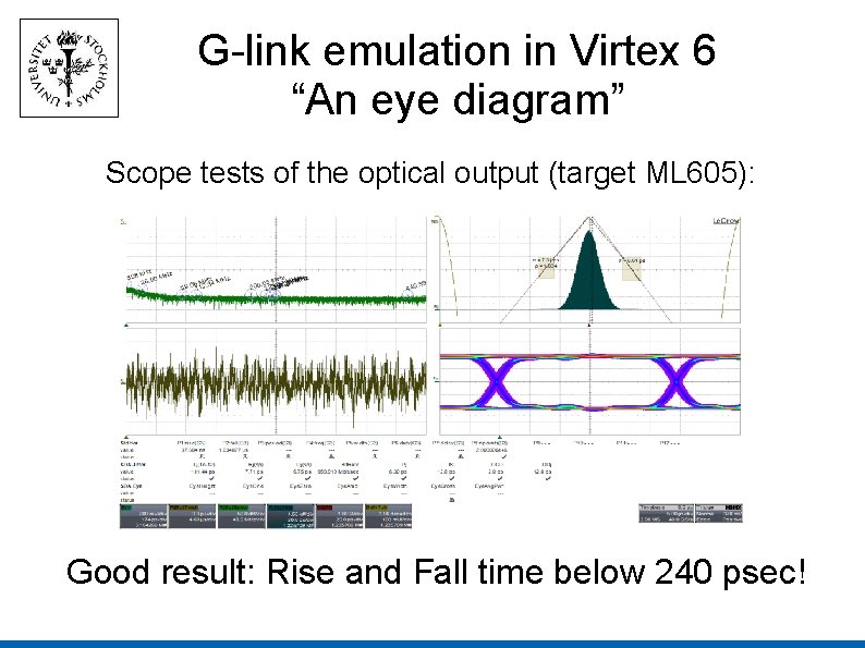 G-link emulation in Virtex 6 “An eye diagram” Scope tests of the optical output G-link emulation in Virtex 6 “An eye diagram” Scope tests of the optical output