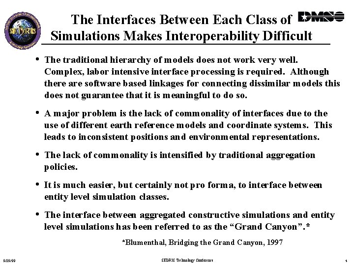 The Interfaces Between Each Class of Simulations Makes Interoperability Difficult • The traditional hierarchy