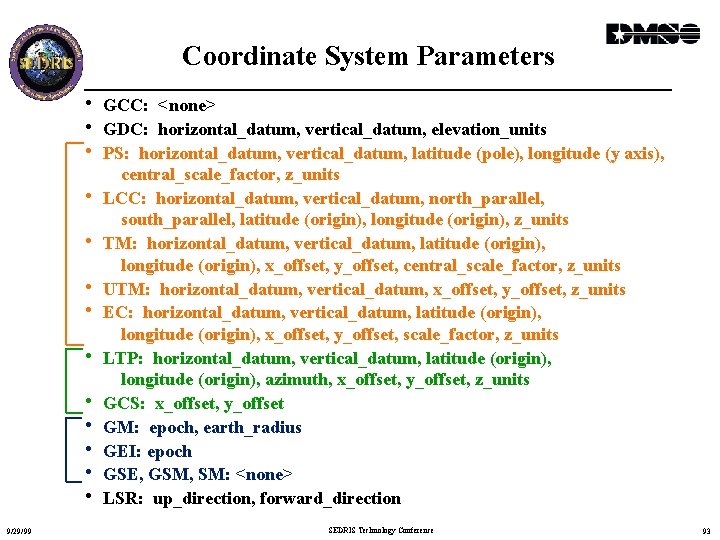 Coordinate System Parameters • GCC: <none> • GDC: horizontal_datum, vertical_datum, elevation_units • PS: horizontal_datum,