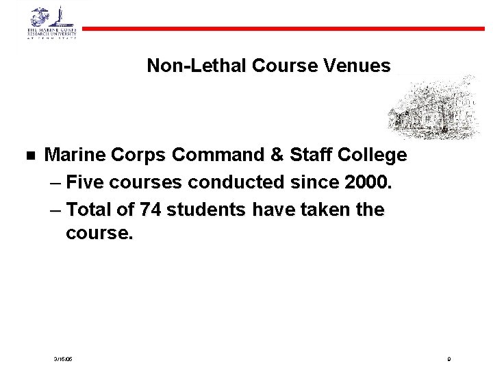 Non-Lethal Course Venues n Marine Corps Command & Staff College – Five courses conducted