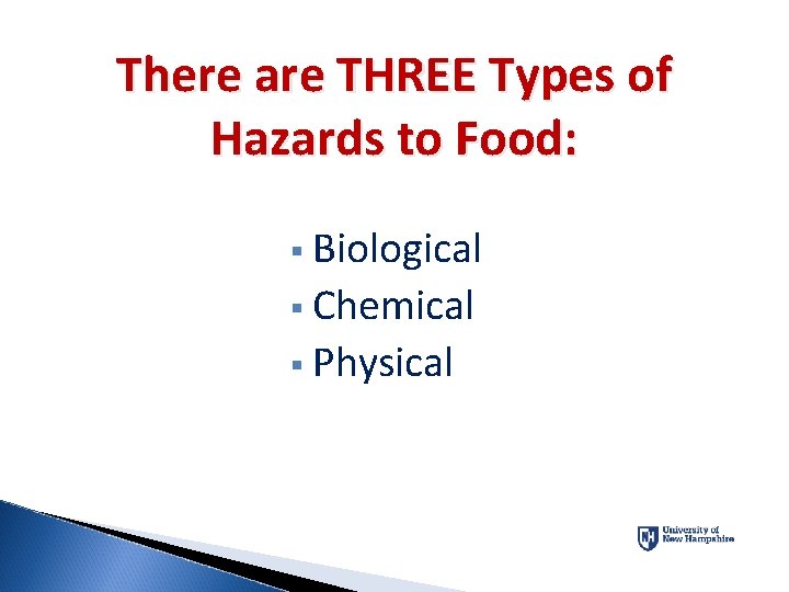 There are THREE Types of Hazards to Food: § Biological § Chemical § Physical