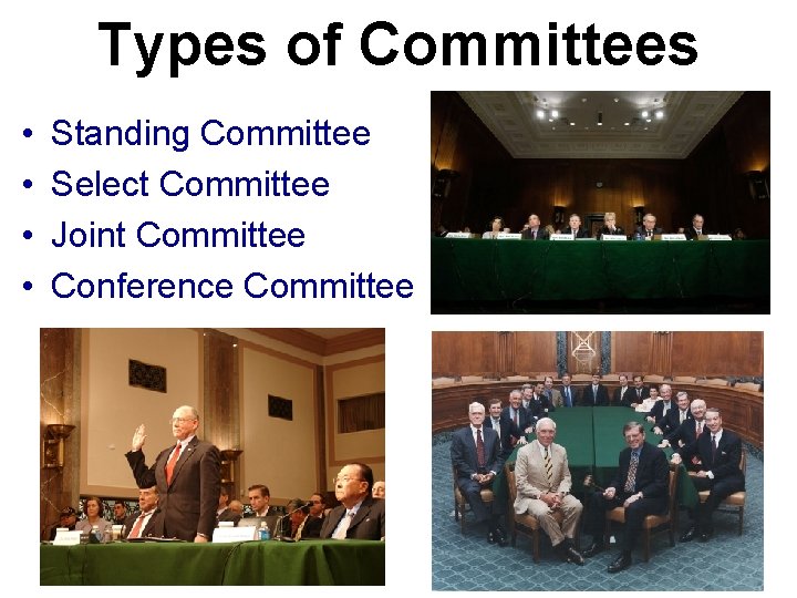 Types of Committees • • Standing Committee Select Committee Joint Committee Conference Committee Types of Committees • • Standing Committee Select Committee Joint Committee Conference Committee
