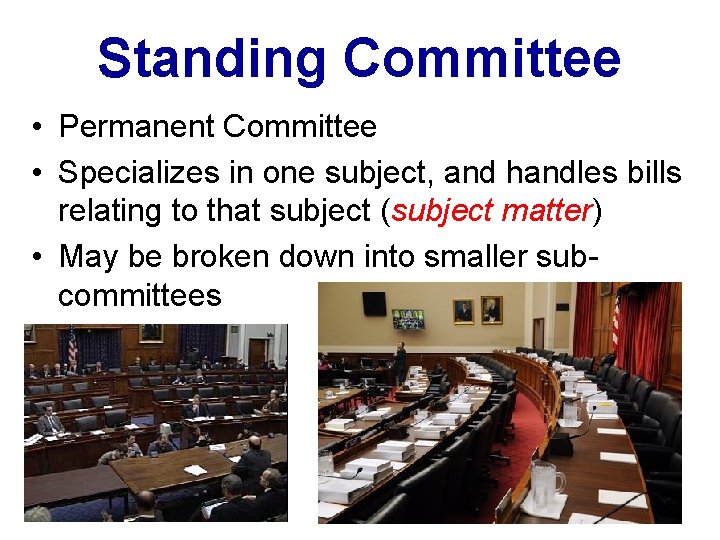 Standing Committee • Permanent Committee • Specializes in one subject, and handles bills relating Standing Committee • Permanent Committee • Specializes in one subject, and handles bills relating