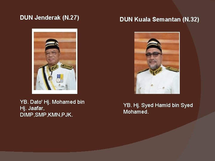 DUN Jenderak (N. 27) YB. Dato' Hj. Mohamed bin Hj. Jaafar, DIMP, SMP, KMN,