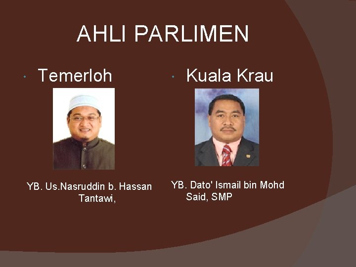 AHLI PARLIMEN Temerloh YB. Us. Nasruddin b. Hassan Tantawi, Kuala Krau YB. Dato' Ismail