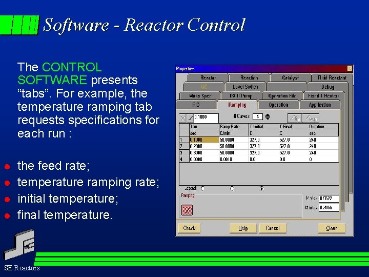 Software - Reactor Control The CONTROL SOFTWARE presents “tabs”. For example, the temperature ramping