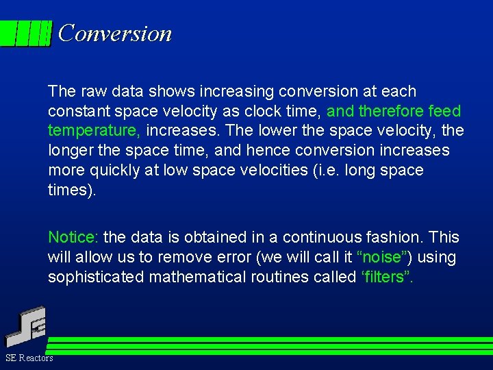 Conversion The raw data shows increasing conversion at each constant space velocity as clock