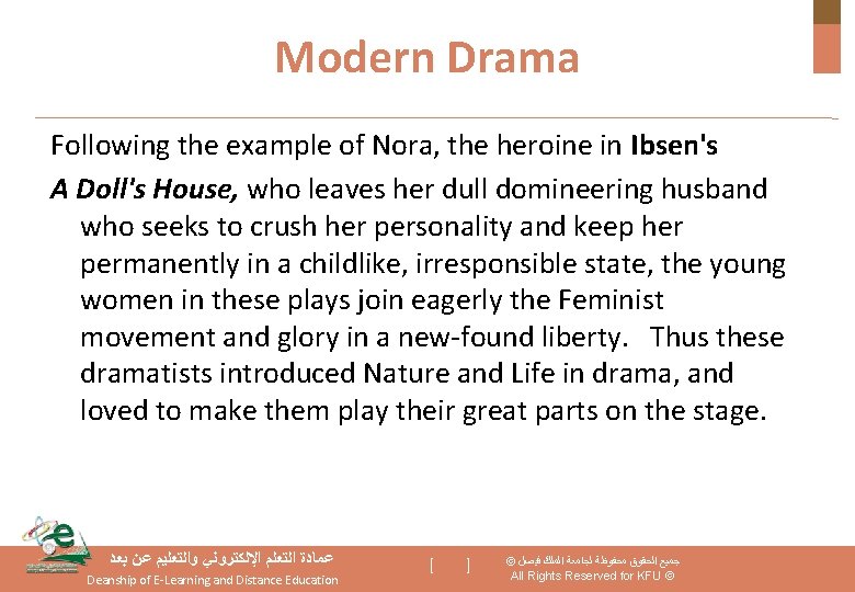 Modern Drama Following the example of Nora, the heroine in Ibsen's A Doll's House,