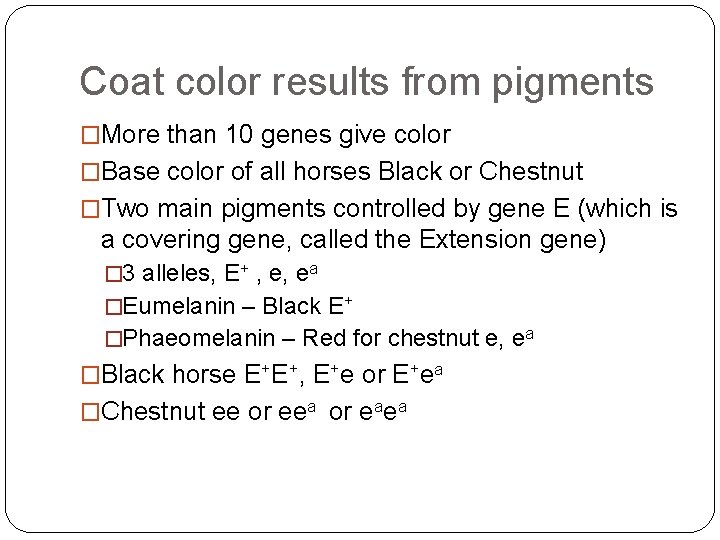 Coat color results from pigments �More than 10 genes give color �Base color of