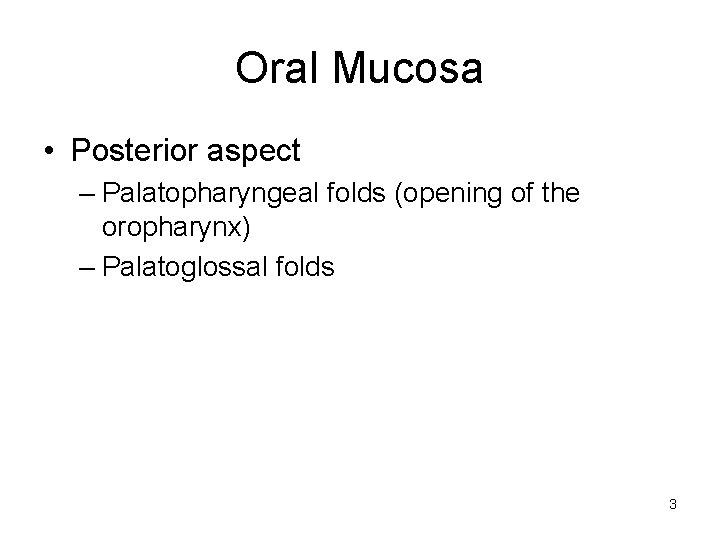 Oral Mucosa • Posterior aspect – Palatopharyngeal folds (opening of the oropharynx) – Palatoglossal