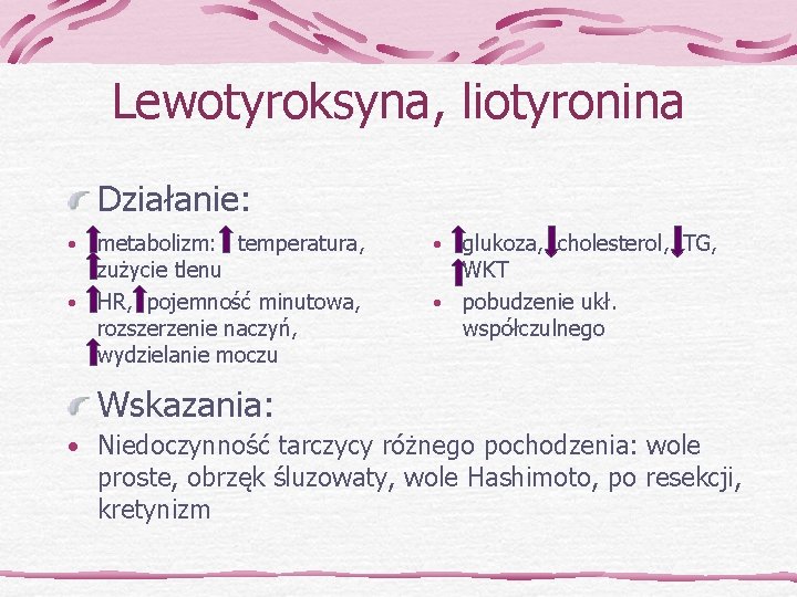 Lewotyroksyna, liotyronina Działanie: metabolizm: temperatura, zużycie tlenu • HR, pojemność minutowa, rozszerzenie naczyń, wydzielanie