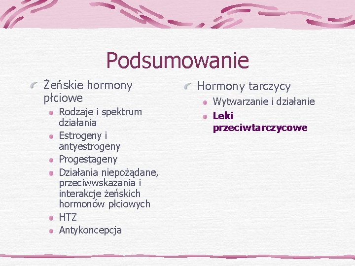 Podsumowanie Żeńskie hormony płciowe Rodzaje i spektrum działania Estrogeny i antyestrogeny Progestageny Działania niepożądane,