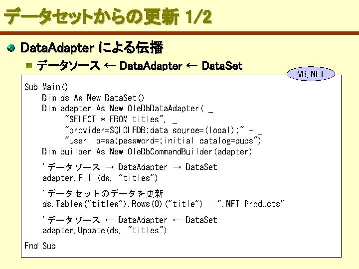 データセットからの更新 1/2 Data. Adapter による伝播 データソース ← Data. Adapter ← Data. Set Sub Main()