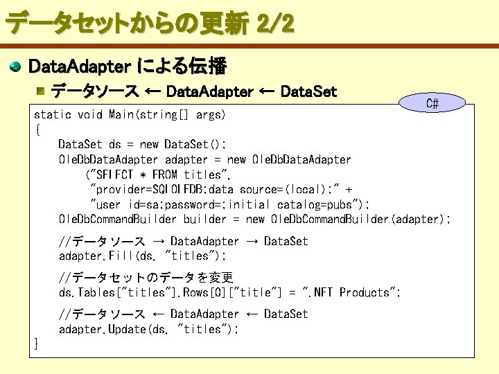 データセットからの更新 2/2 Data. Adapter による伝播 データソース ← Data. Adapter ← Data. Set C# static