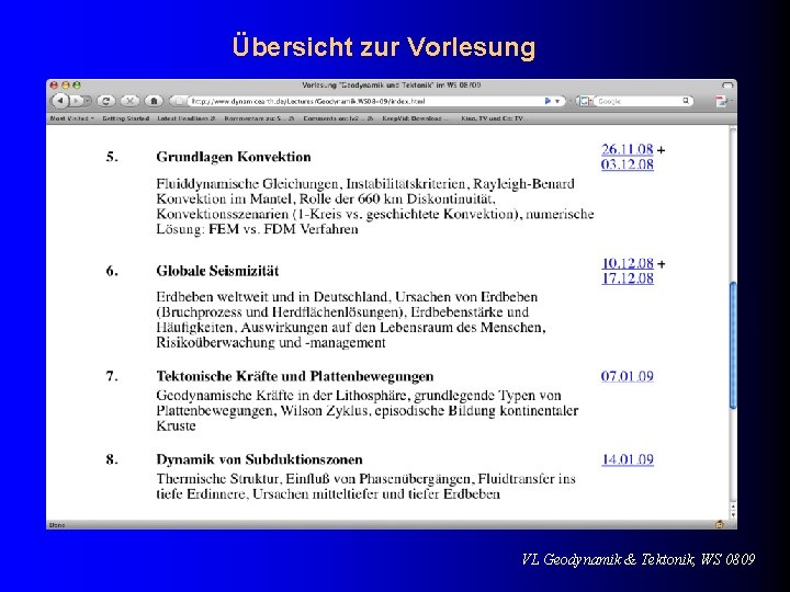 Übersicht zur Vorlesung VL Geodynamik & Tektonik, WS 0809 