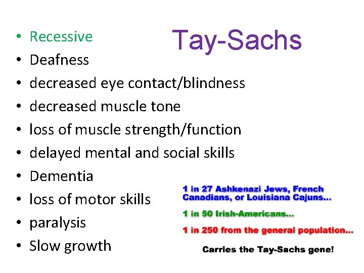 • • • Tay-Sachs Recessive Deafness decreased eye contact/blindness decreased muscle tone loss • • • Tay-Sachs Recessive Deafness decreased eye contact/blindness decreased muscle tone loss