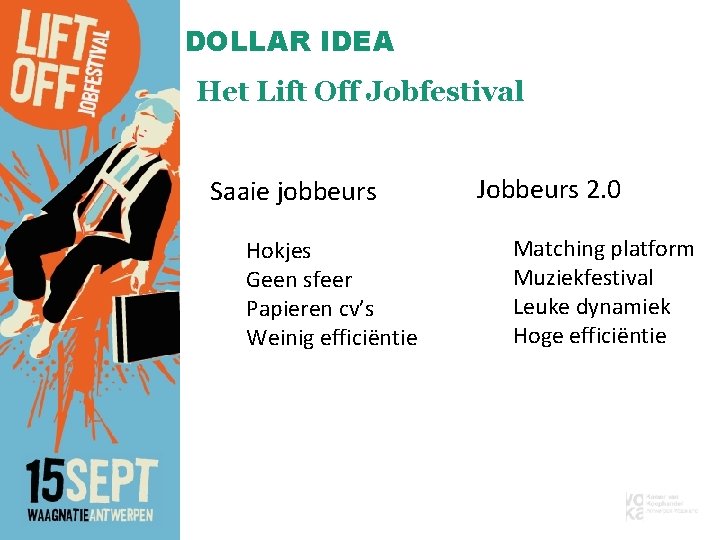 MILLION DOLLAR IDEA Het Lift Off Jobfestival Saaie jobbeurs Hokjes Geen sfeer Papieren cv’s