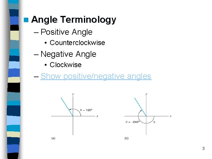 n Angle Terminology – Positive Angle • Counterclockwise – Negative Angle • Clockwise –