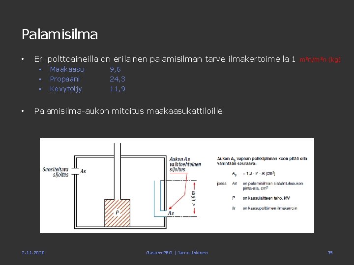 Palamisilma • Eri polttoaineilla on erilainen palamisilman tarve ilmakertoimella 1 m 3 n/m 3