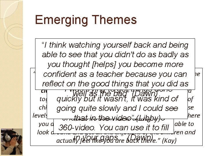 Emerging Themes �“IEmbodied reflection think watching yourself back and being ◦ Feeling though back