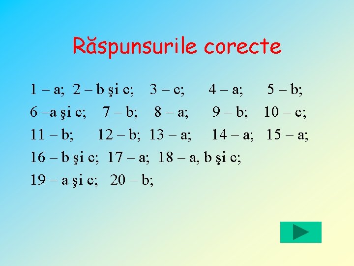 Răspunsurile corecte 1 – a; 2 – b şi c; 3 – c; 4