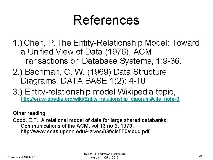 References 1. ) Chen, P. The Entity-Relationship Model: Toward a Unified View of Data