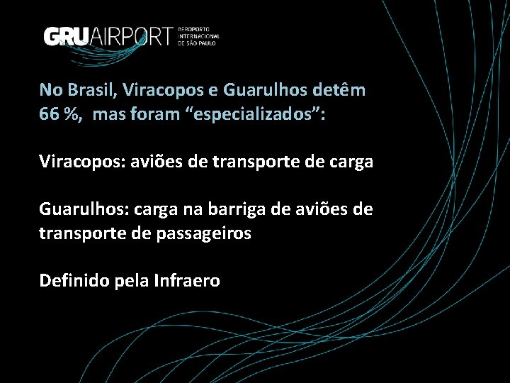 No Brasil, Viracopos e Guarulhos detêm 66 %, mas foram “especializados”: Viracopos: aviões de