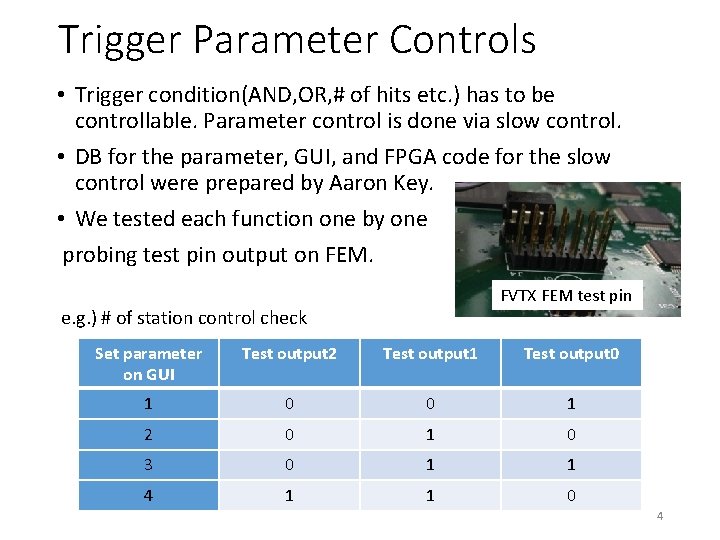 Trigger Parameter Controls • Trigger condition(AND, OR, # of hits etc. ) has to