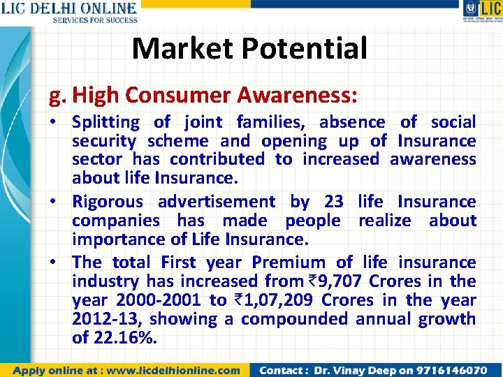 Market Potential g. High Consumer Awareness: • Splitting of joint families, absence of social