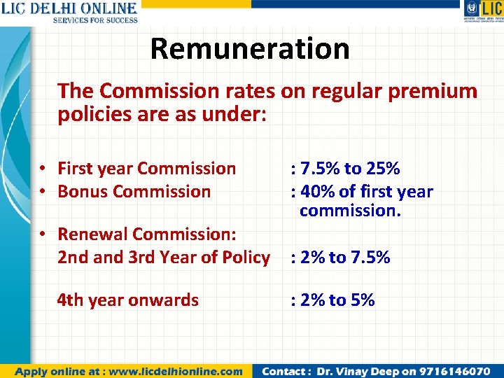 Remuneration The Commission rates on regular premium policies are as under: • First year