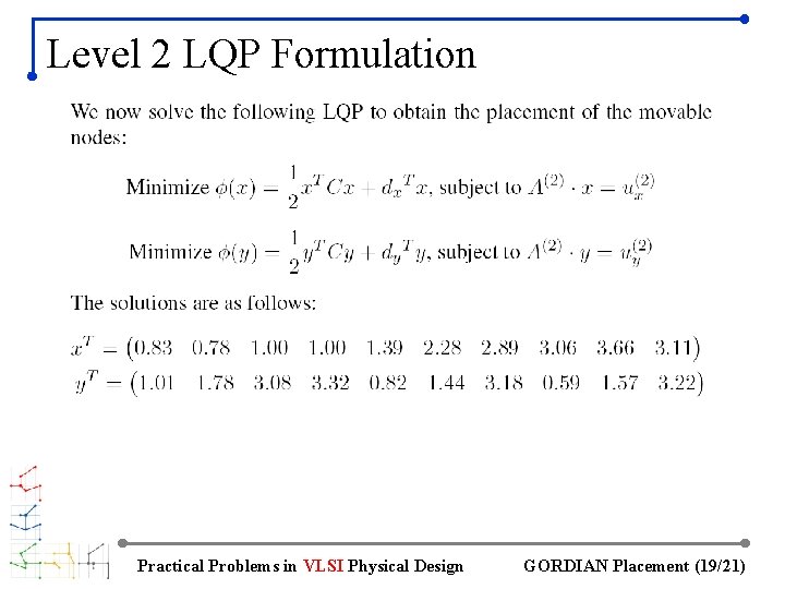 Level 2 LQP Formulation Practical Problems in VLSI Physical Design GORDIAN Placement (19/21) 