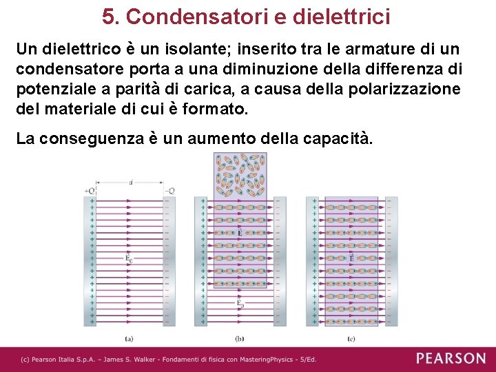 5. Condensatori e dielettrici Un dielettrico è un isolante; inserito tra le armature di