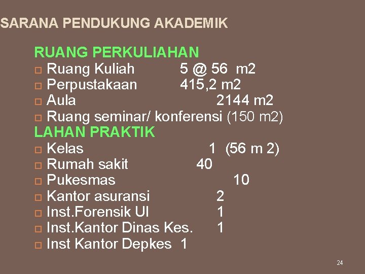 SARANA PENDUKUNG AKADEMIK RUANG PERKULIAHAN Ruang Kuliah 5 @ 56 m 2 Perpustakaan 415,