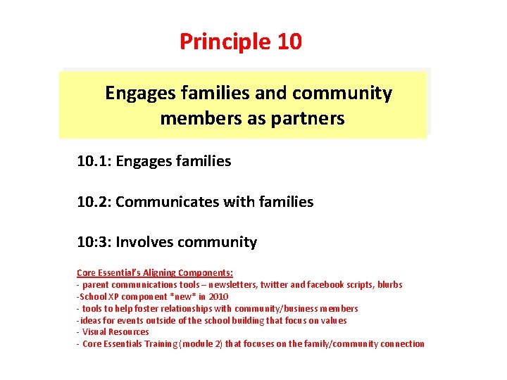 Principle 10 Engages families and community members as partners 10. 1: Engages families 10.