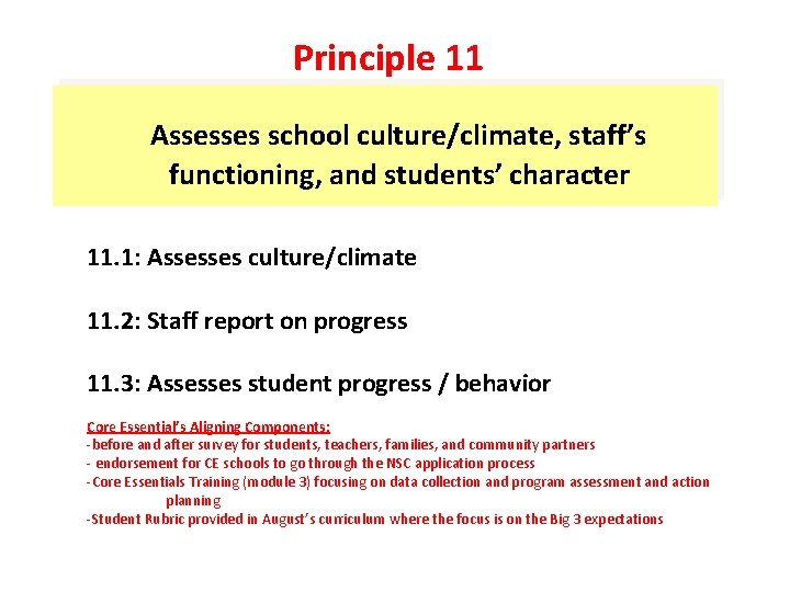 Principle 11 Assesses school culture/climate, staff’s functioning, and students’ character 11. 1: Assesses culture/climate