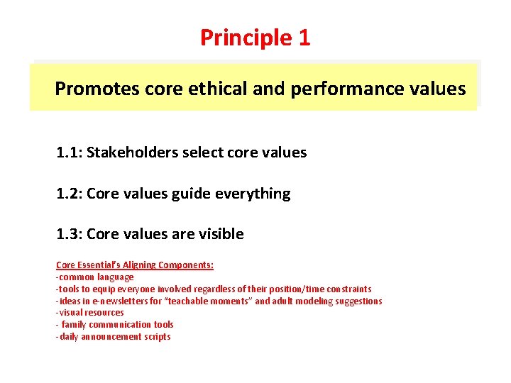 Principle 1 Promotes core ethical and performance values 1. 1: Stakeholders select core values