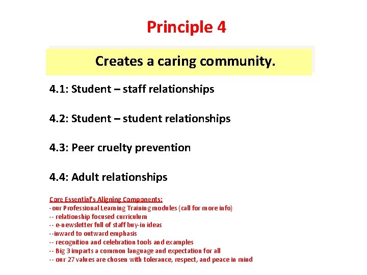 Principle 4 Creates a caring community. 4. 1: Student – staff relationships 4. 2: