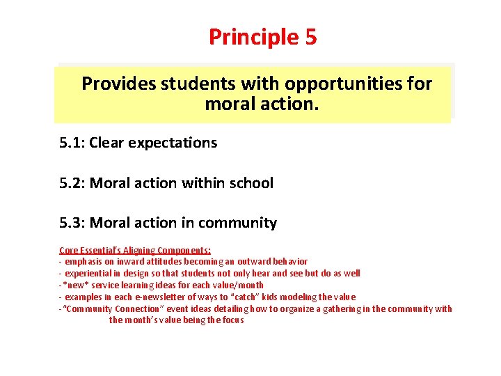 Principle 5 Provides students with opportunities for moral action. 5. 1: Clear expectations 5.