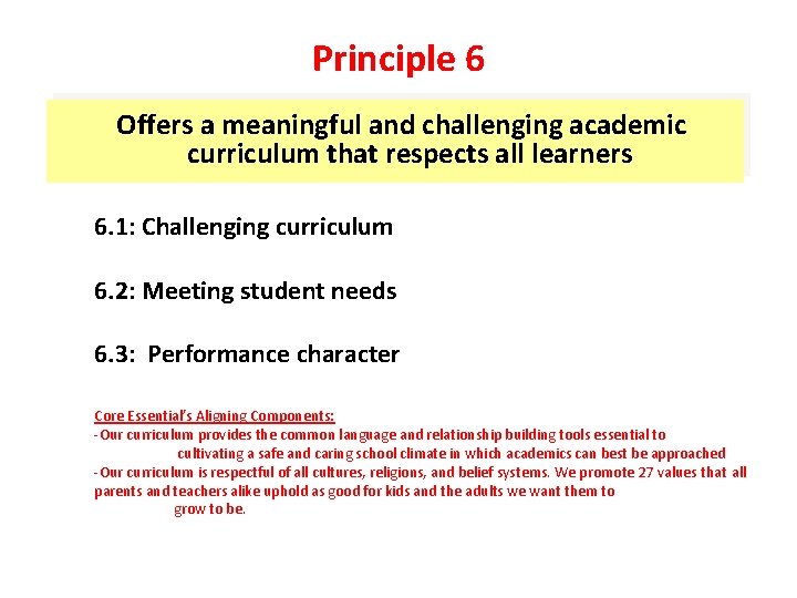 Principle 6 Offers a meaningful and challenging academic curriculum that respects all learners 6.