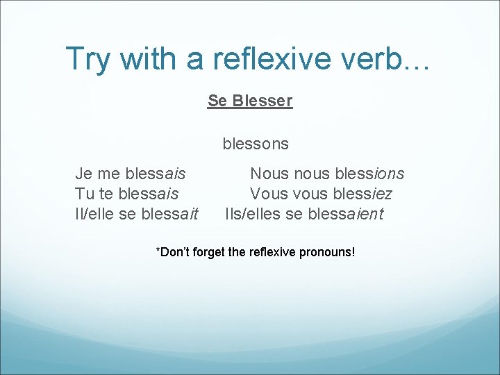 Try with a reflexive verb… Se Blesser blessons Je me blessais Tu te blessais