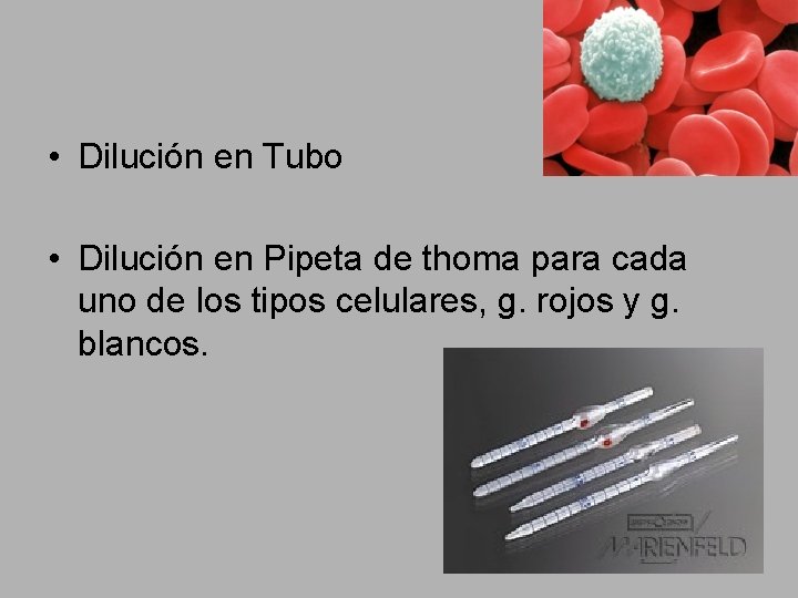 • Dilución en Tubo • Dilución en Pipeta de thoma para cada uno