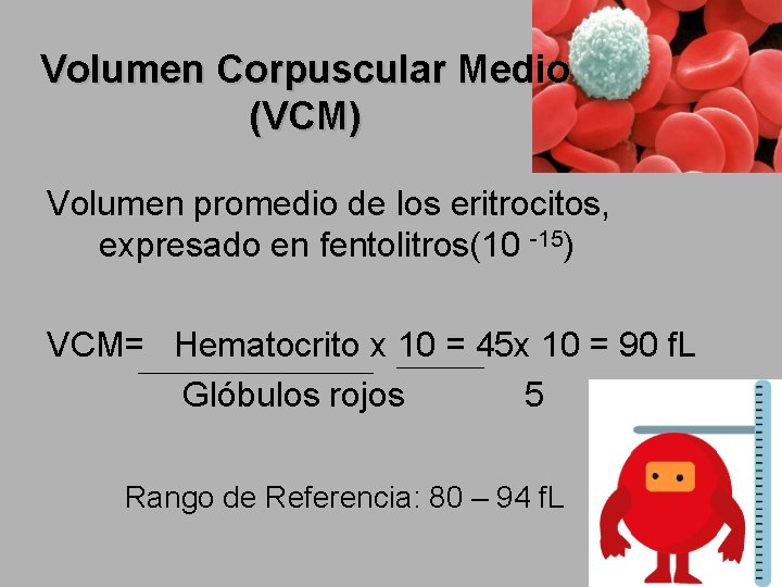 Volumen Corpuscular Medio (VCM) Volumen promedio de los eritrocitos, expresado en fentolitros(10 -15) VCM=