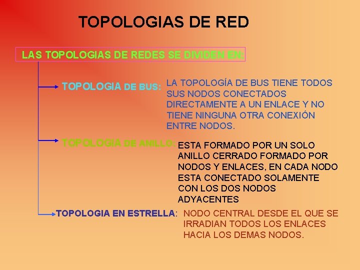 TOPOLOGIAS DE RED LAS TOPOLOGIAS DE REDES SE DIVIDEN EN: TOPOLOGIA DE BUS: LA